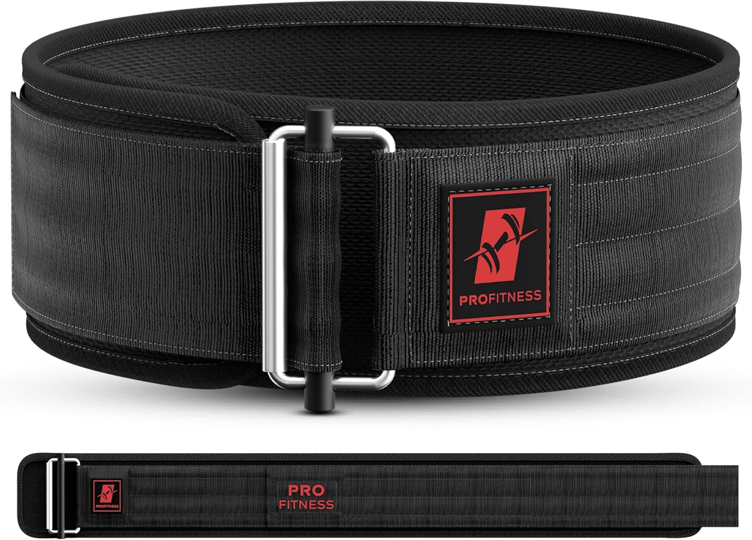 Black leather weightlifting belt with 'PROfitness' logo in front.